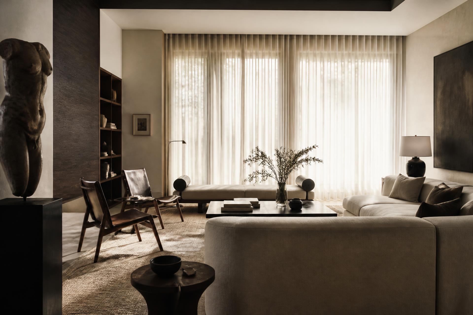 Luxury living room with hand-woven rug and floor-to-ceiling linen curtains
